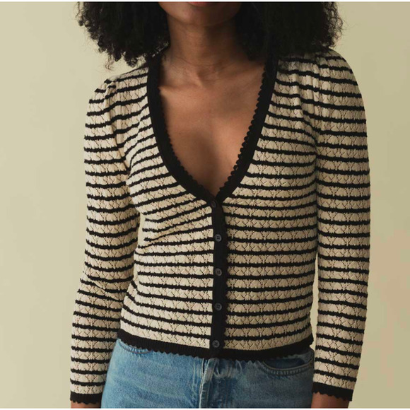 Doen Chandel Cotton/Silk Striped V-neck Long Sleeve Button Cardigan, size XL